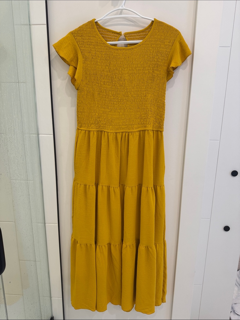 Amazon Mustard Yellow Smocked Tiered Midi Dress
